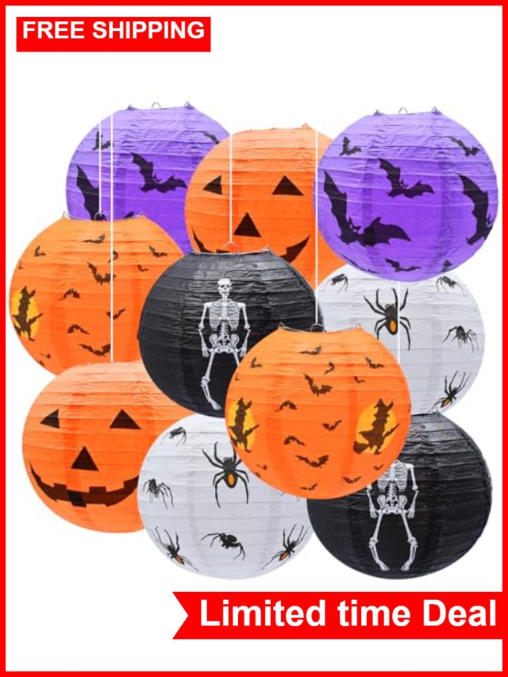 Halloween Paper Lanterns 10 Pack, 10 inch, Indoor Outdoor Party Decor, Reusable